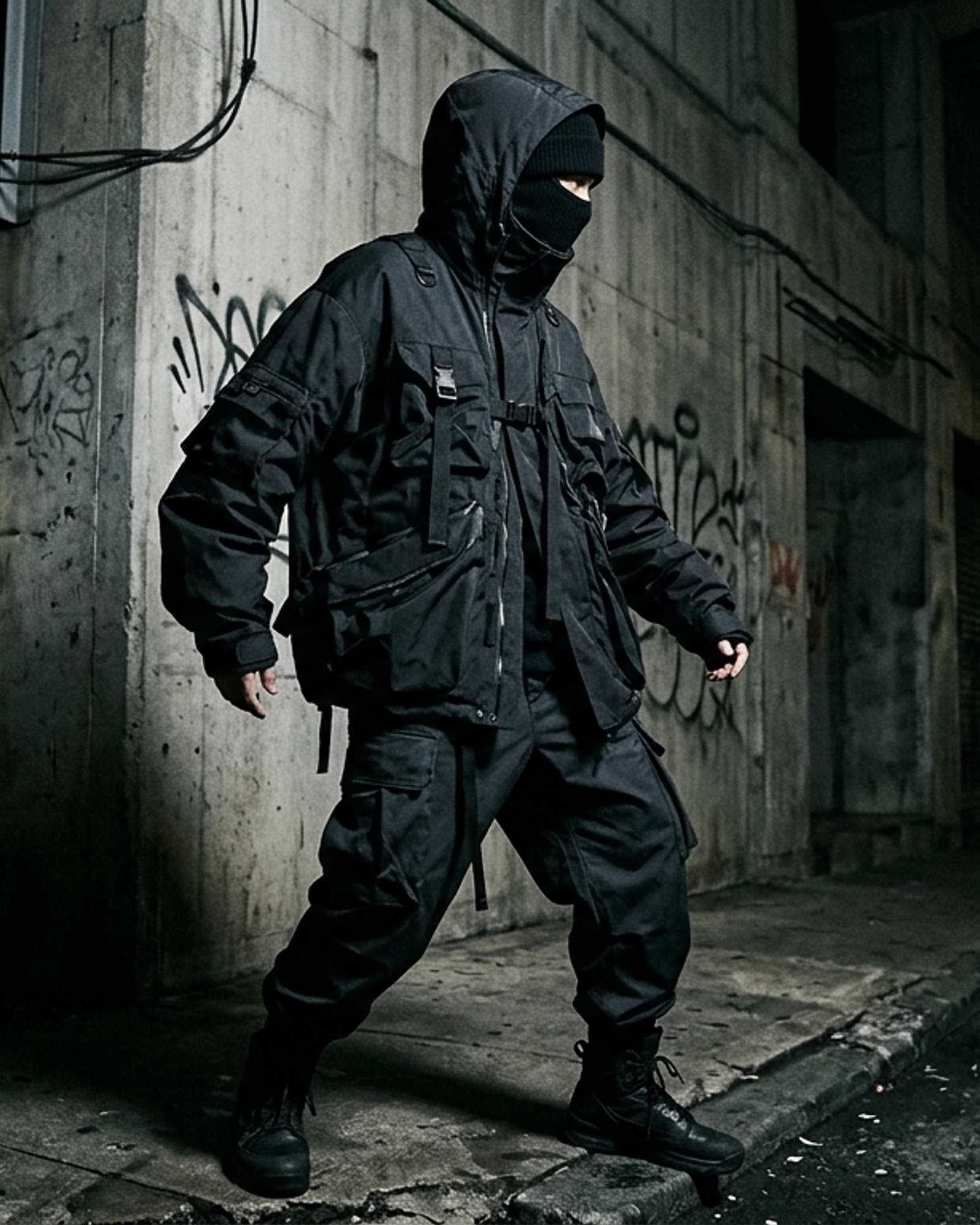 Modelo con campera técnica negra en callejón urbano