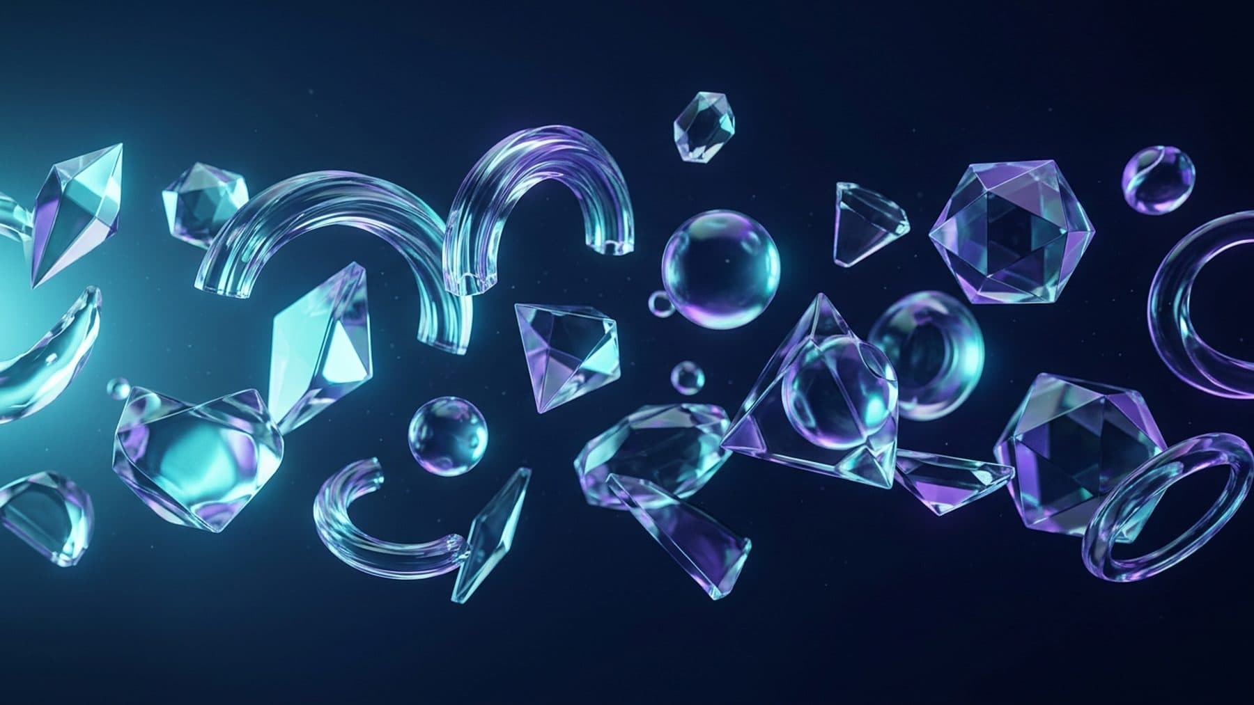 Formas de vidrio 3D en violeta y celeste sobre fondo oscuro