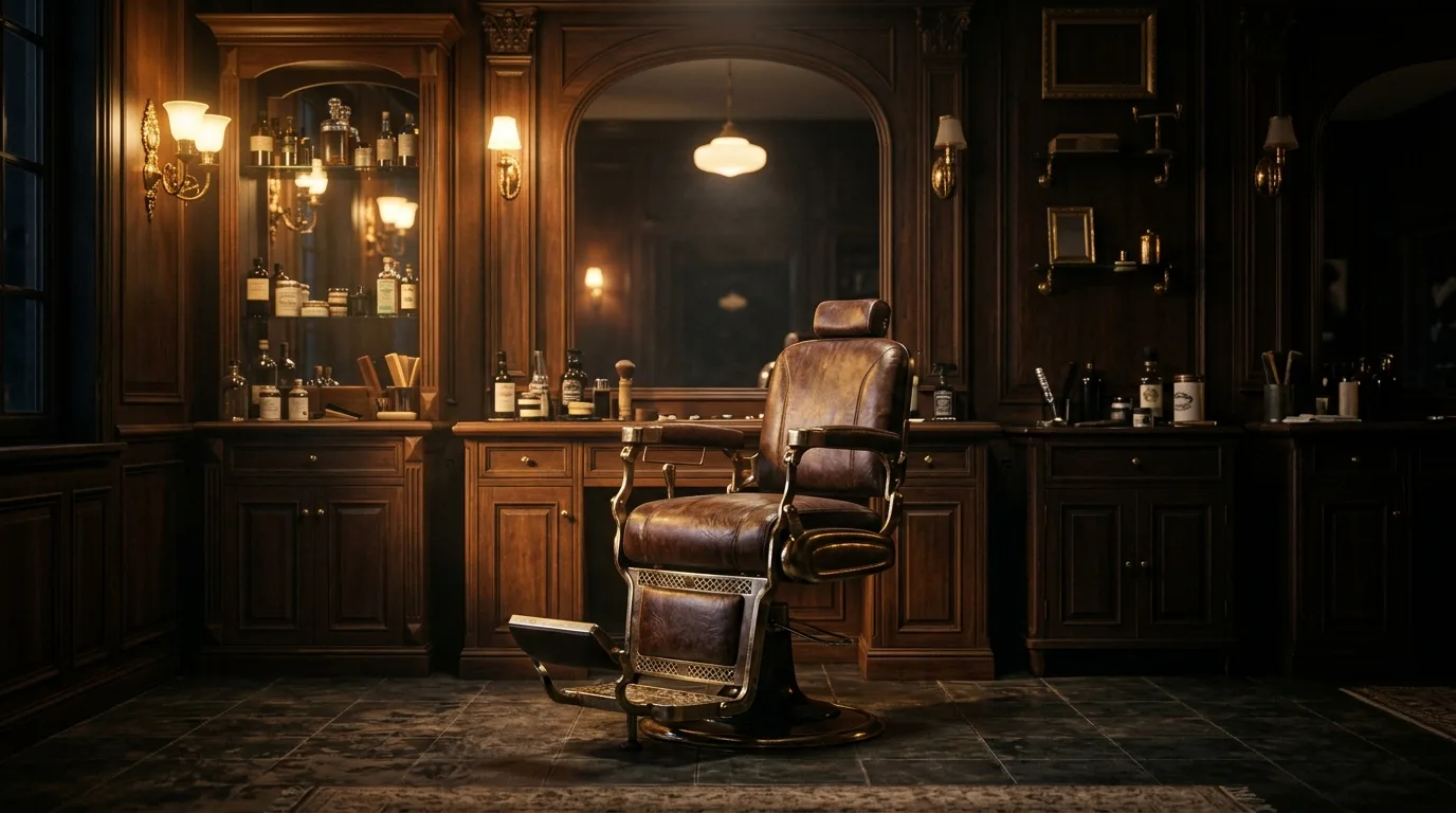 Interior de la barbería Santino's con sillón de cuero clásico