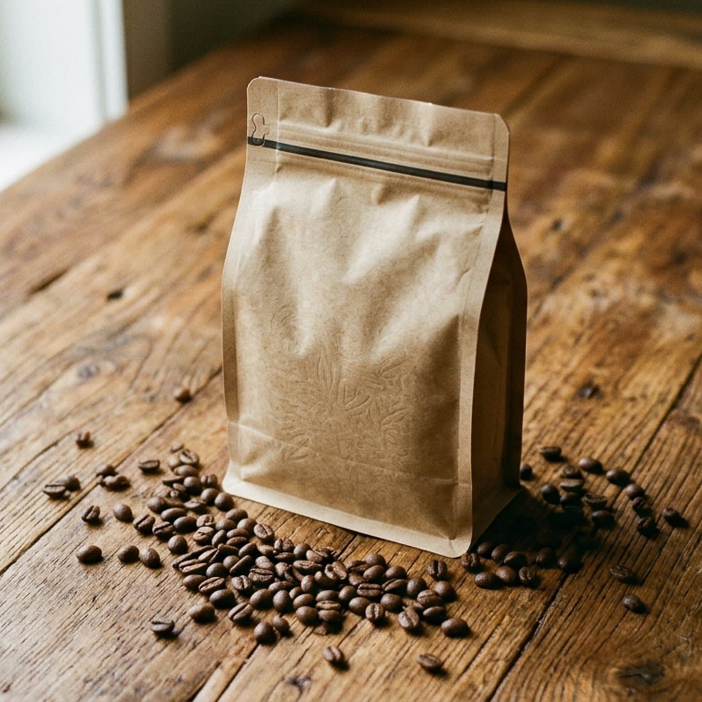 Paquete de café de especialidad sobre madera