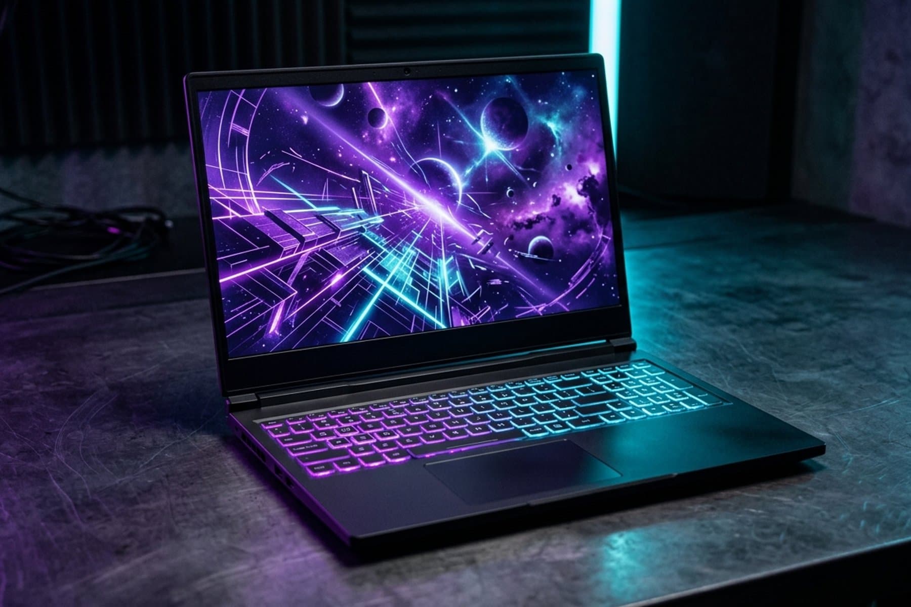 Notebook gamer con teclado retroiluminado en violeta y celeste